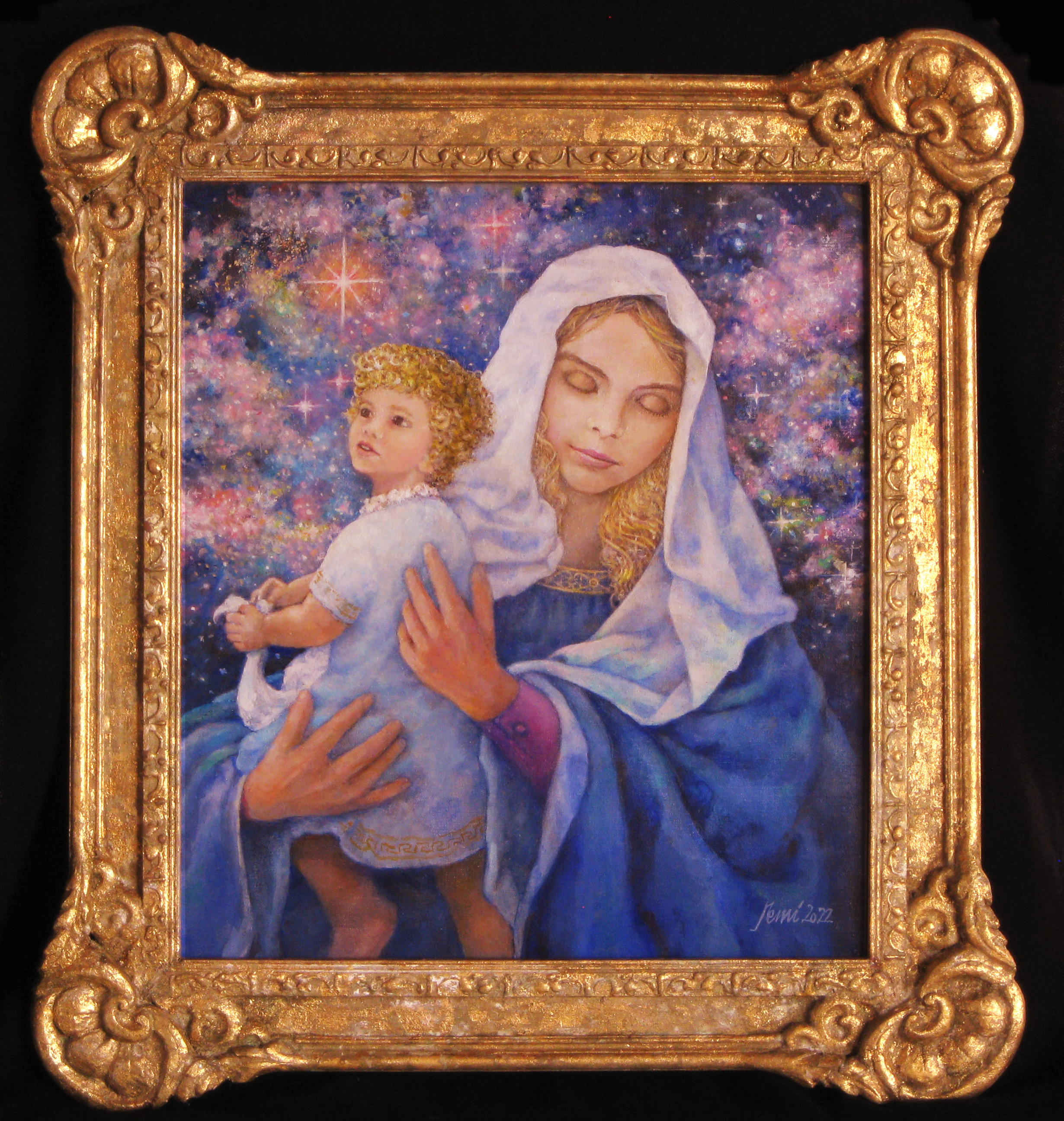 Our Lady of the Galaxies — oil painting and carved wooden frame by Remi Kramer